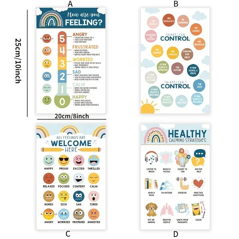 set of 4 Boho Feelings Chart Learning Posters for School Educational Wall Decal Classroom Decoration Periodic Emotions Wall Sticker