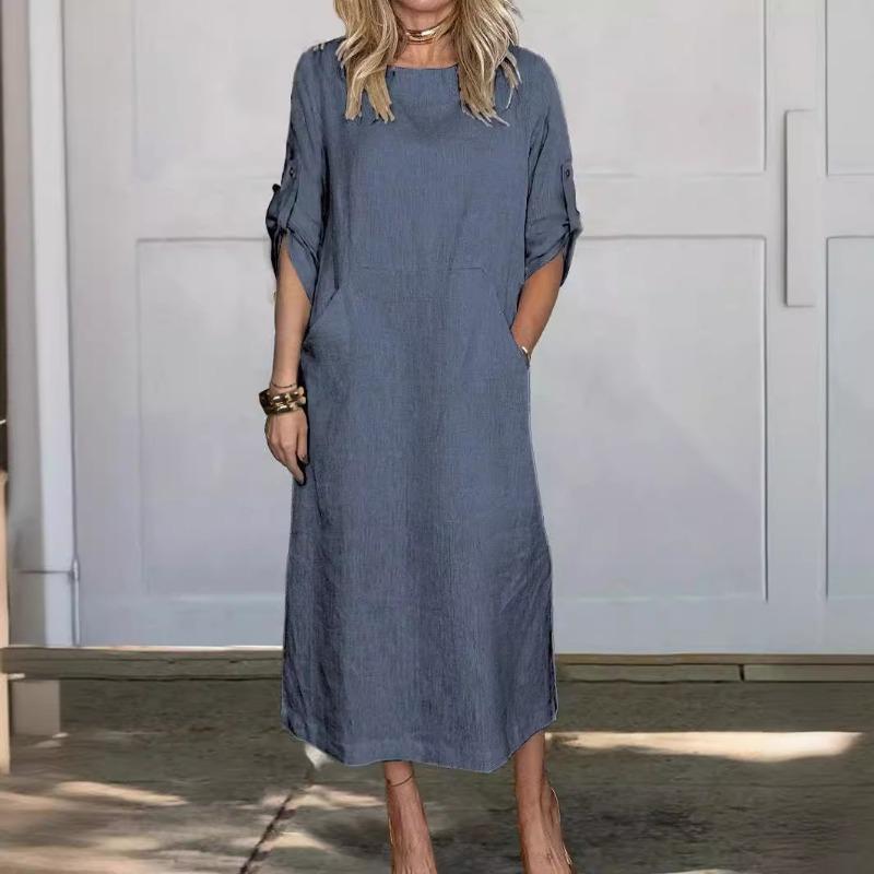 Casual Fashion O Neck Short Sleeve Women Dress Elegant Solid Color Loose Simple A-line Party Dresses Female Plus Size Pockets Spring Summer Clothing