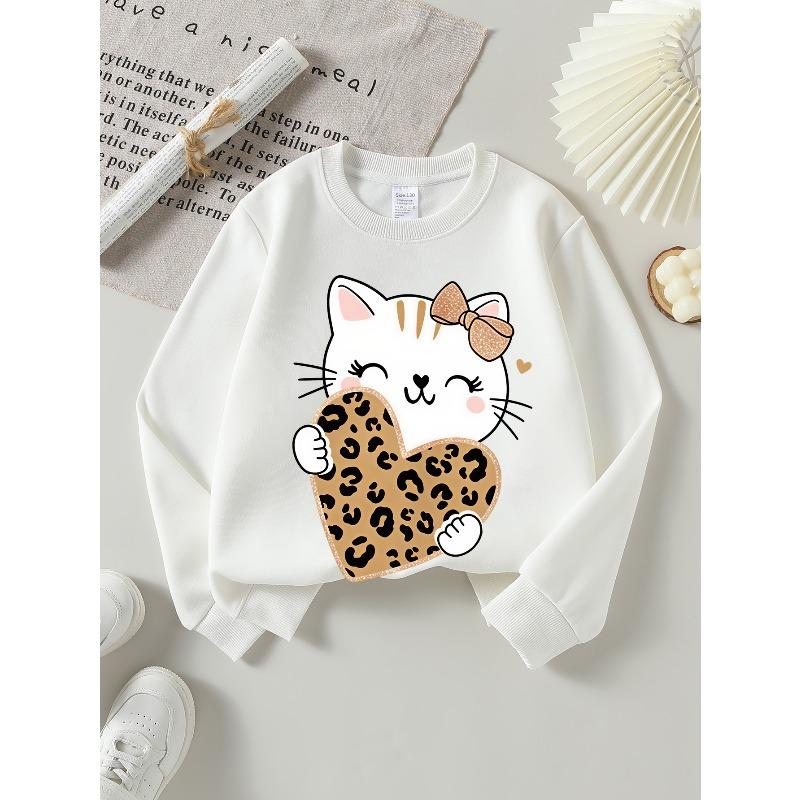 Kids Sweatshirt,Crew Neck Fashion Top, Fun "Cute Cat Leopard Heart" Patterned Sweatshirt,for Everyday Casual Wear, for All Kinds of Daily Outfits