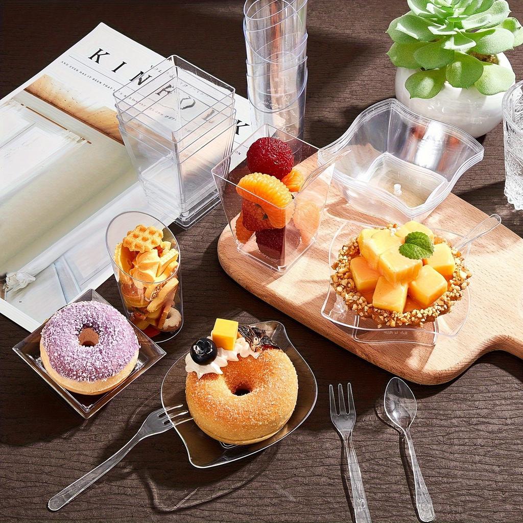 400ks Průhledné Talíře Dezertní Pohárky Lžíce Vidlička Sada Více Tvarů Plastové Pohárky na Zmrzlinu Jednorázové Nádobí Párty Jídelní Doplňky