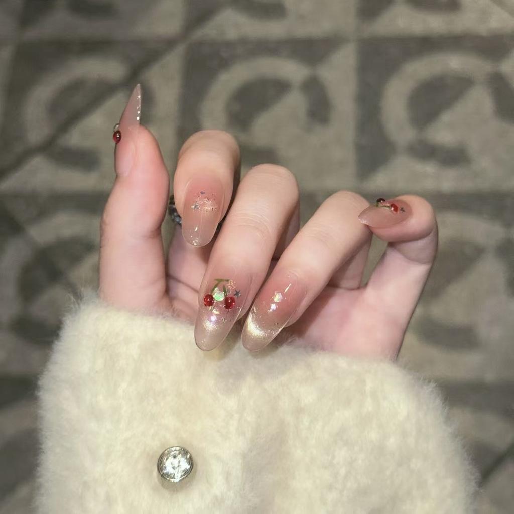 Smiling Cat Eye French Hand-painted Cute Cherry Sequin Glitter Nail Art Patch Wear Nail Pure Handmade