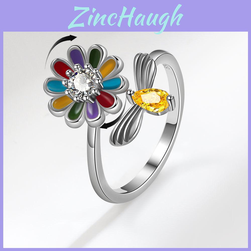 Copper Floral Ring With Zircon Stones For Women Spring Fashion Accessory