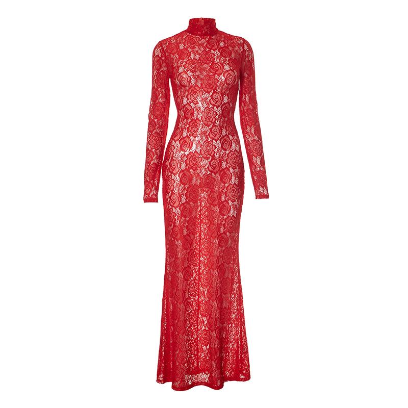 2025 Spring Mesh Lace High Neck Long Sleeve Women's Slim Fit Evening Gown