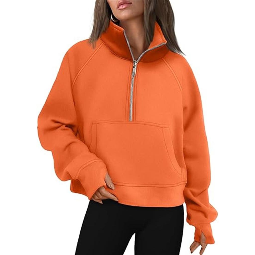 Women's Stand Collar Plus Fleece Solid Color Hoodie Long Sleeve Pocket Loose Half Zip Pullover Hoodie Top