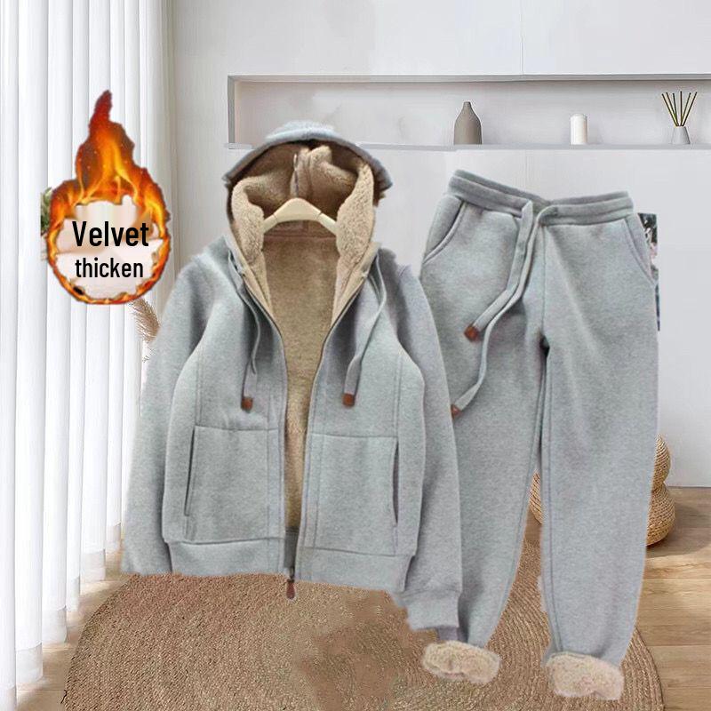 Plus Size Women's Fleece Lined Hooded Jacket & Sportswear Set - Autumn/Winter Korean Style