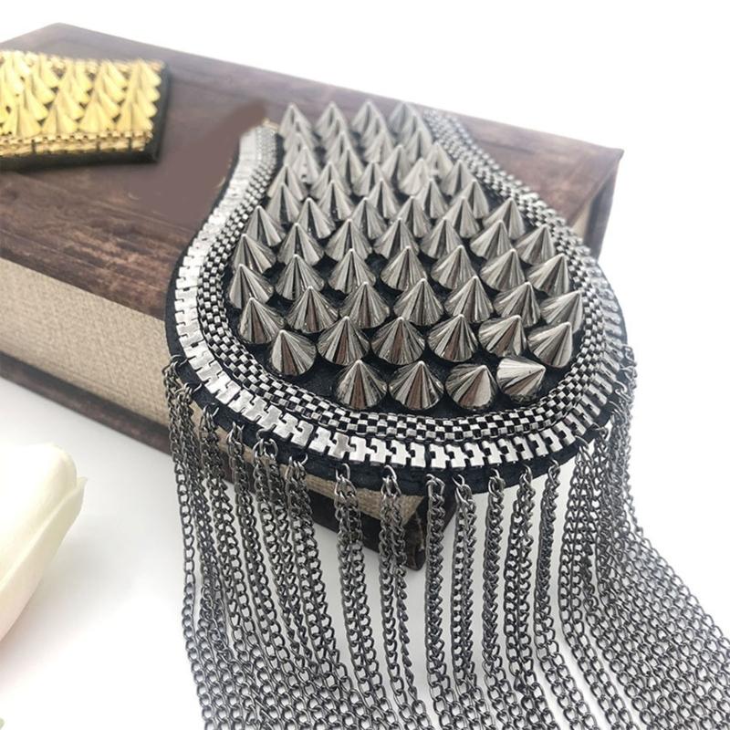 Sew-On Epaulette Shoulder Bar Accessory with Rivet Studs and Layered Metal Chain for Punk Theme Clothing Enhancement
