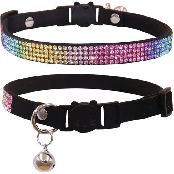 THAIN Bling cat Kitten Collar Rainbow Rhinestone Breakaway Diamond with Bell Soft Velvet Quick Release (Purple)