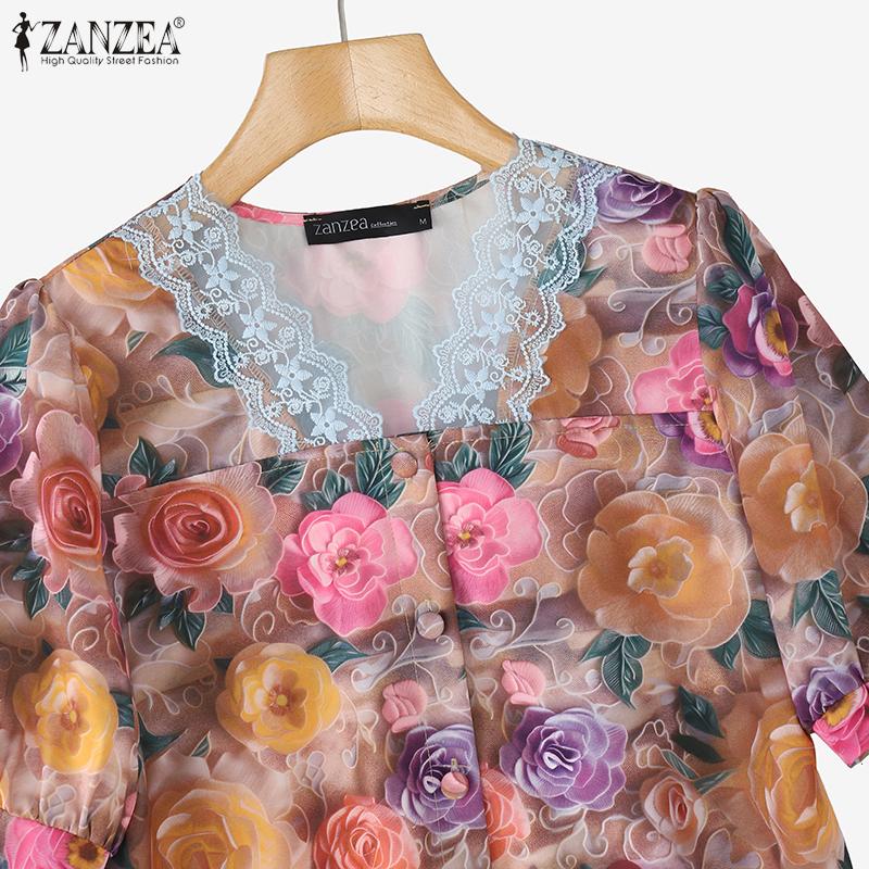 ZANZEA Women Summer Lace Splice V-Neck Short Sleeve Floral Print Blouse