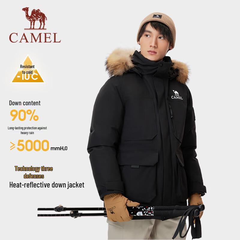 CAMEL Men's Thickened Workwear Hooded Parka Down Jacket with Fur Collar