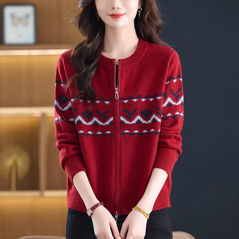 Women's Jacquard Color Block Zipper Cardigan - Soft Fluffy Knitwear, Casual Loose Fit, Round Neck Korean Style Sweater