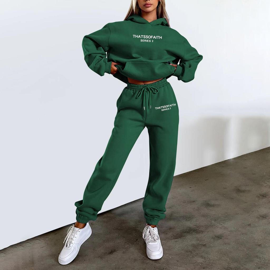 Autumn/winter Women Hooded Casual Jacket Set, Outdoor Fitness Long-sleeved Sweater + Two-piece Pants
