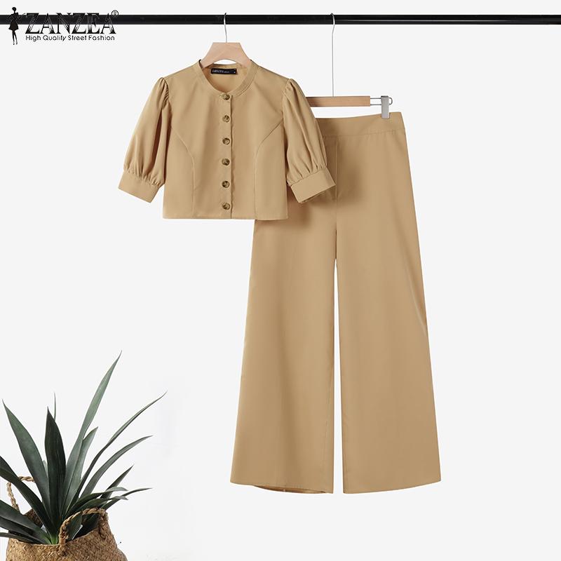 ZANZEA Women Puff Short Sleeve Blouse and Wide Leg Pants Summer Two Piece Suit Sets