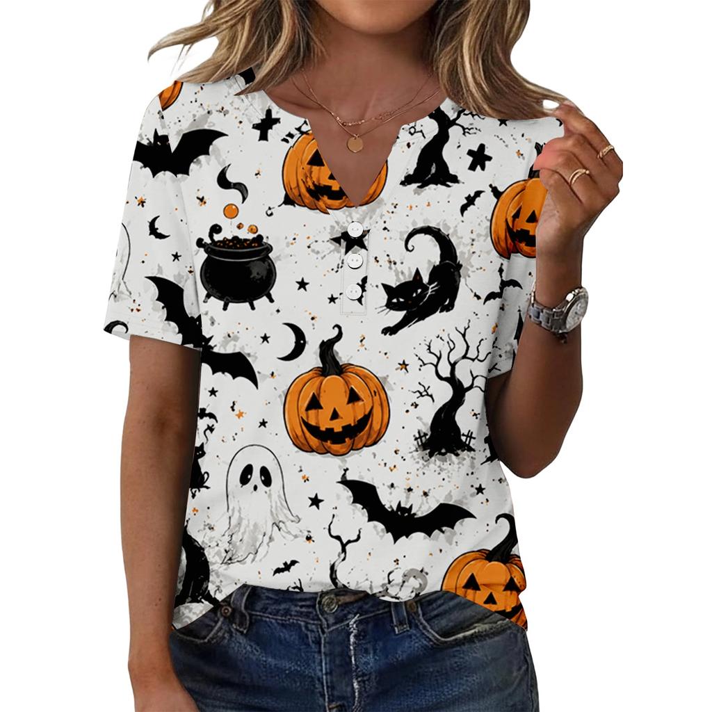 Damen Halloween Print V-Ausschnitt Kurzarm Knopfleiste T-Shirt