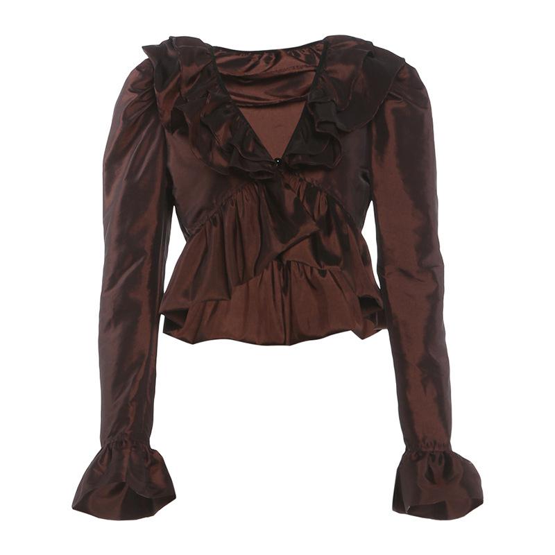 

Fashion autumn new women s clothing Yi Mengling same ruffle edge V-neck design pleated navel top S коричневый