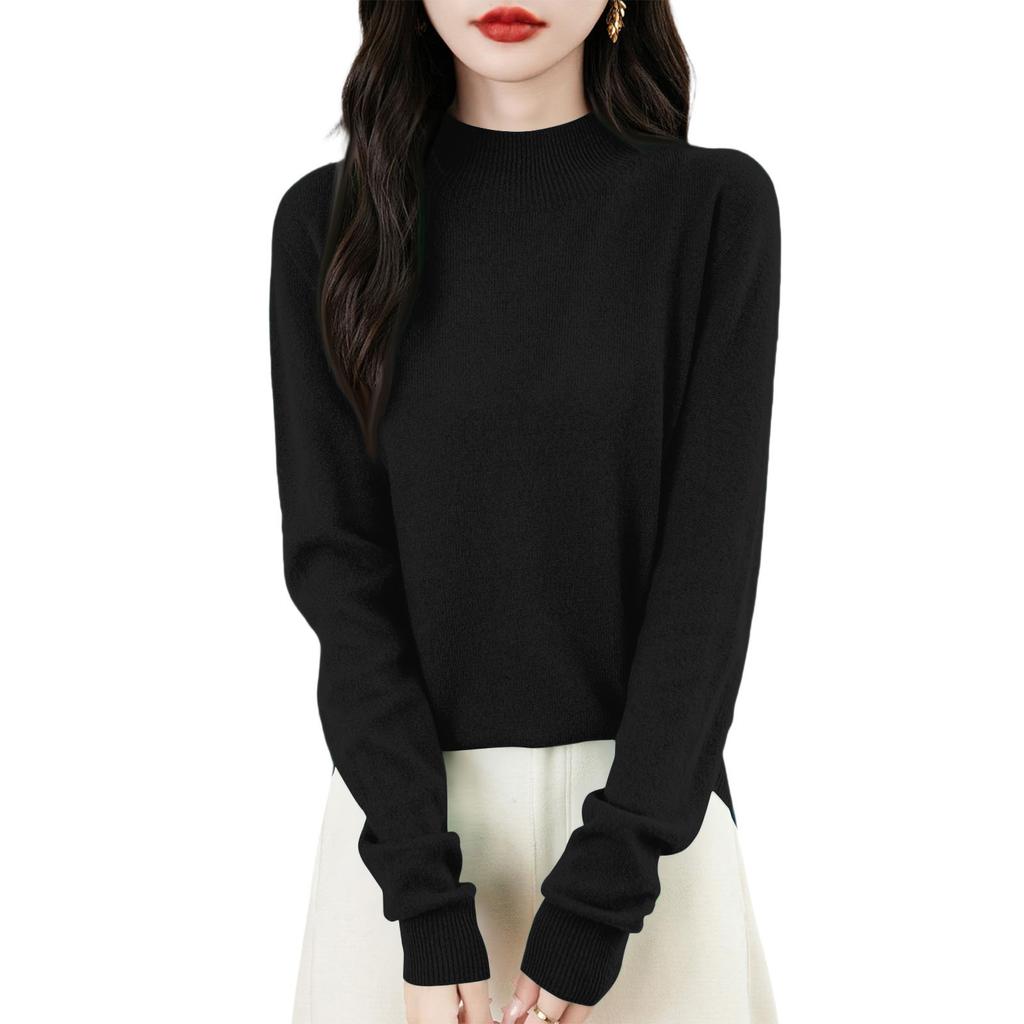 Women's Fashion Flat-Knit Half-Turtleneck Pullover Sweater Solid Color Long-Sleeve Top