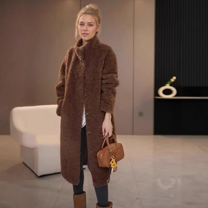 Womens Faux Fur Coat Long Sleeve Mid-Length Elegant Winter Outerwear In Cream Coffee