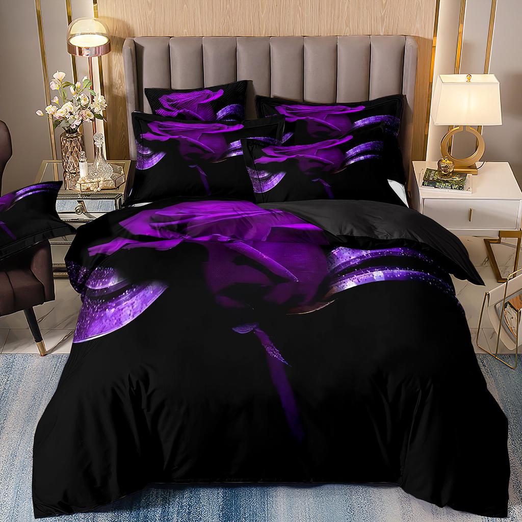 Three-Piece Rose Floral Style 3D Printed Quilt Cover Home Textile Bedding Kit