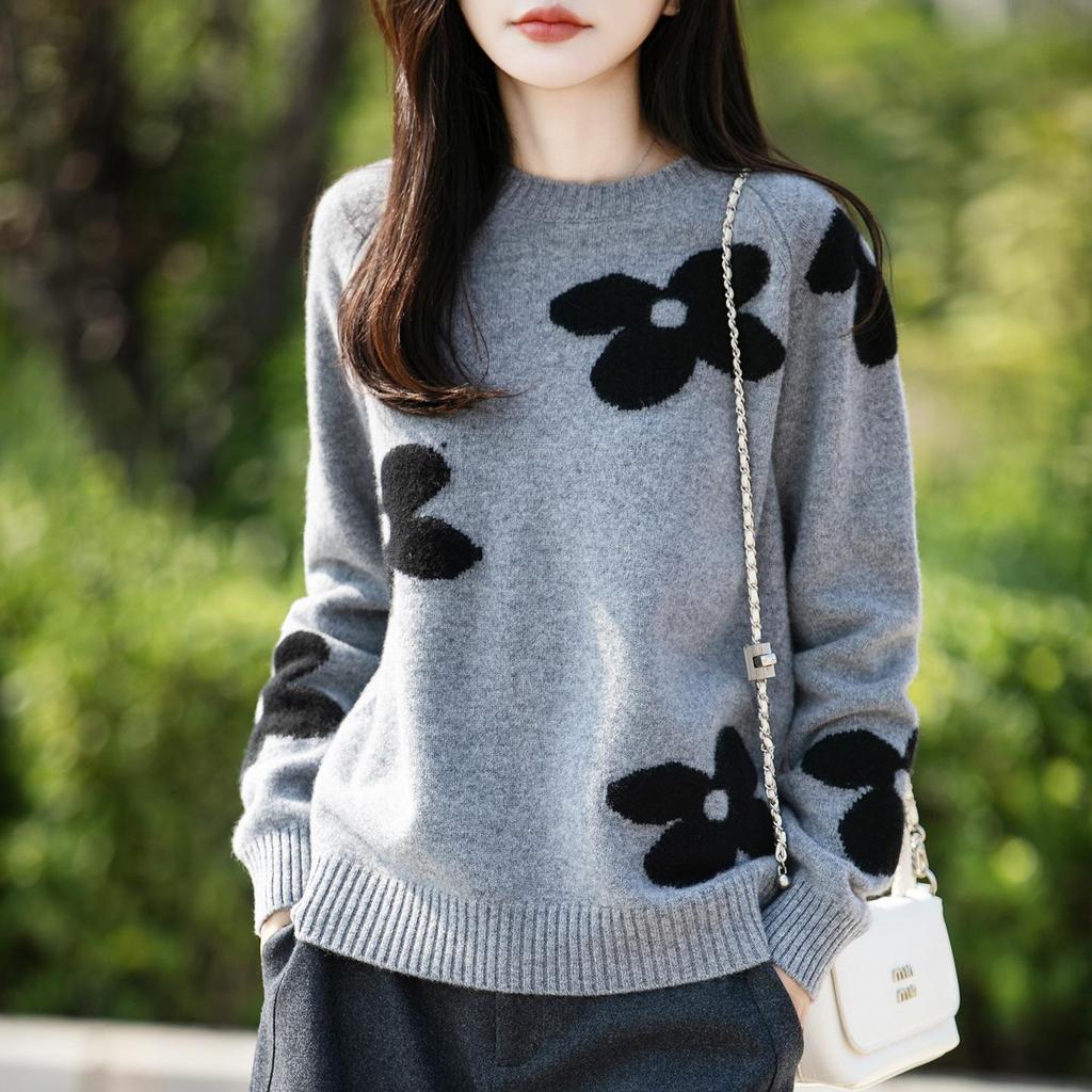 Women's 100% Pure Wool Color Block Jacquard Knit Sweater - Round Neck, Loose Fit, Thick for Autumn/Winter