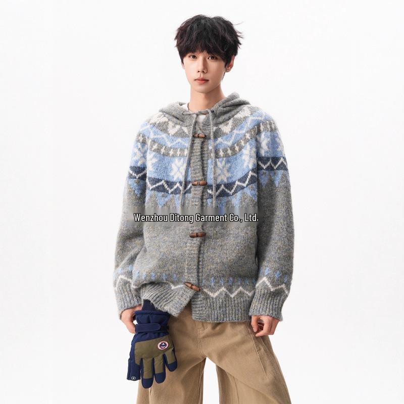 Унисекс Модный Ретро Кардиган с Капюшоном в Стиле Фэйр-Айл с Пуговицами из Рога XXL серый