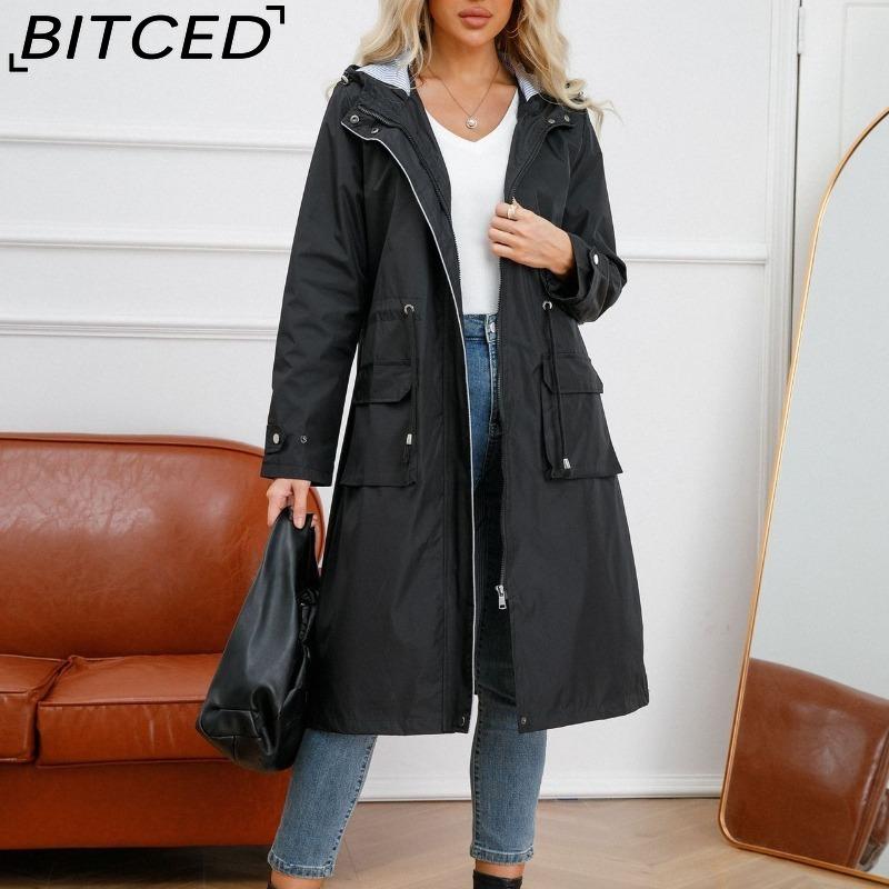 BITCED Spring/Fall Long-Sleeve Casual Trench Coat for Women Water-Resistant Hooded Solid-Color Top Striped Lining Straight-Cut Jacket