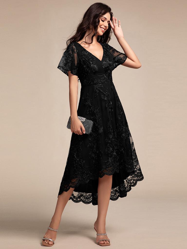 Ever-Pretty Women's Exquisite Embroidery V-Neck See-through Sleeve Wedding Guest Dresses with Asymmetrical Hem