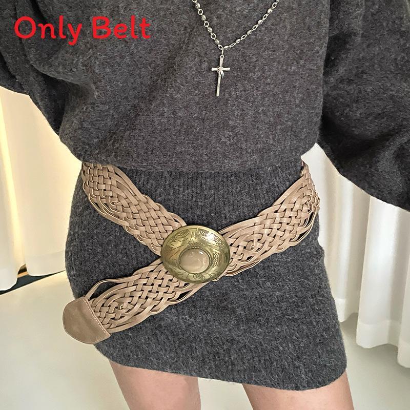 

Bohemian Wide Weave Leather Belt For Women With Gold Buckle For Dresses And Skirts