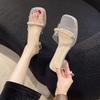 Transparente Hausschuhe Damen Strass Perle Ausgehen Ein-Wort-Slipper Sommer Neu Vielseitig Kristall Dicker Absatz Hoher Absatz Sandalen