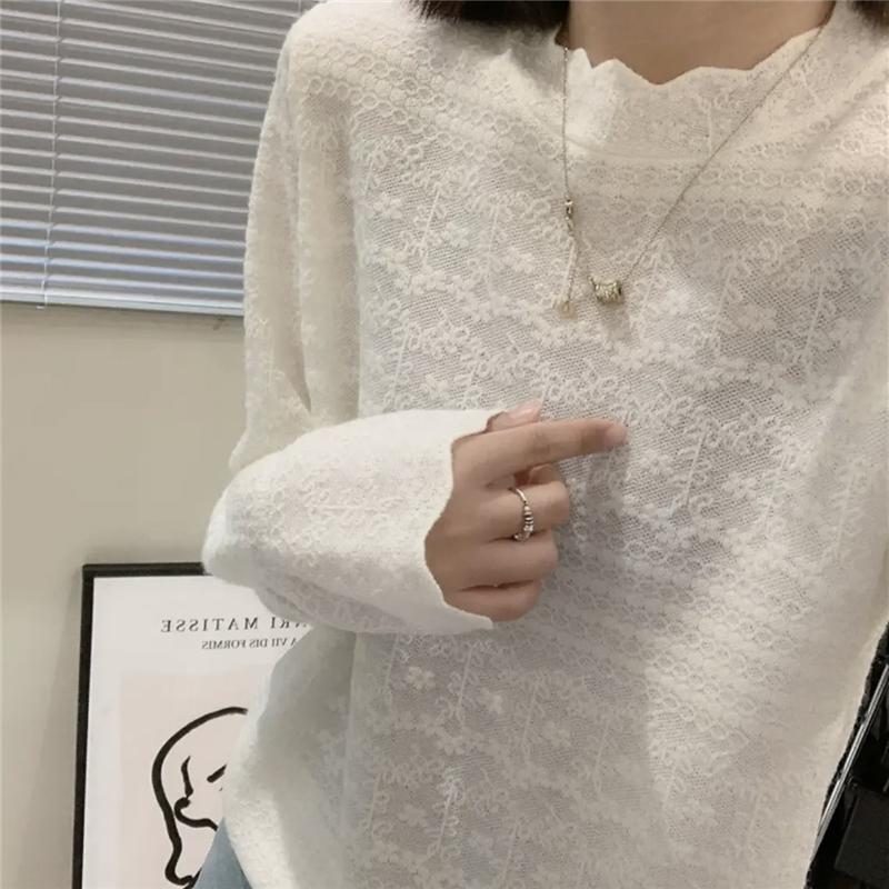 Women s Lace High Neck Long Sleeve Wool Cashmere Pullover L (60-70 kg)