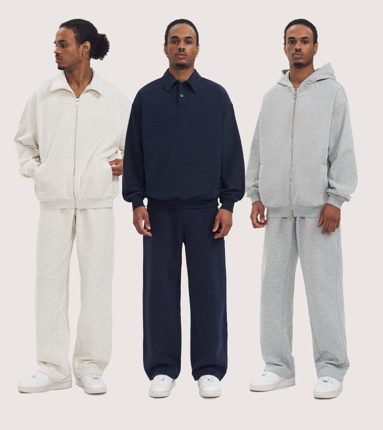 Completo con Felpa con Cappuccio e Pantaloni della Tuta Streetwear Americano 430G Fodera in Pile Collo a Polo Zip-Up Tuta Casual