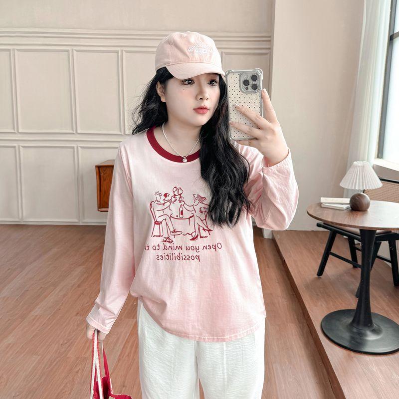 

Plus size women clothing [Hong Kong Flavor Contrast Color T-shirt] Early Autumn New round Neck Cartoon Print 100.00kg Long sleeve Bottoming Shirt Sakura Powder Spelling Red 9xl