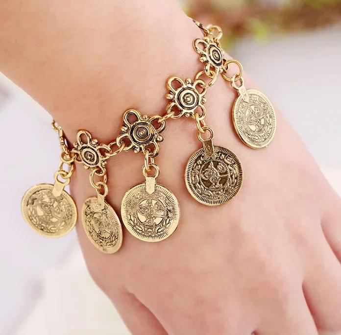 Party Hippy Boho Beach Turkish Jewelry Gold Color Coin Vintage Bohemia Carved Coin Anklet Bracelets Bangles for Woman Pulseras