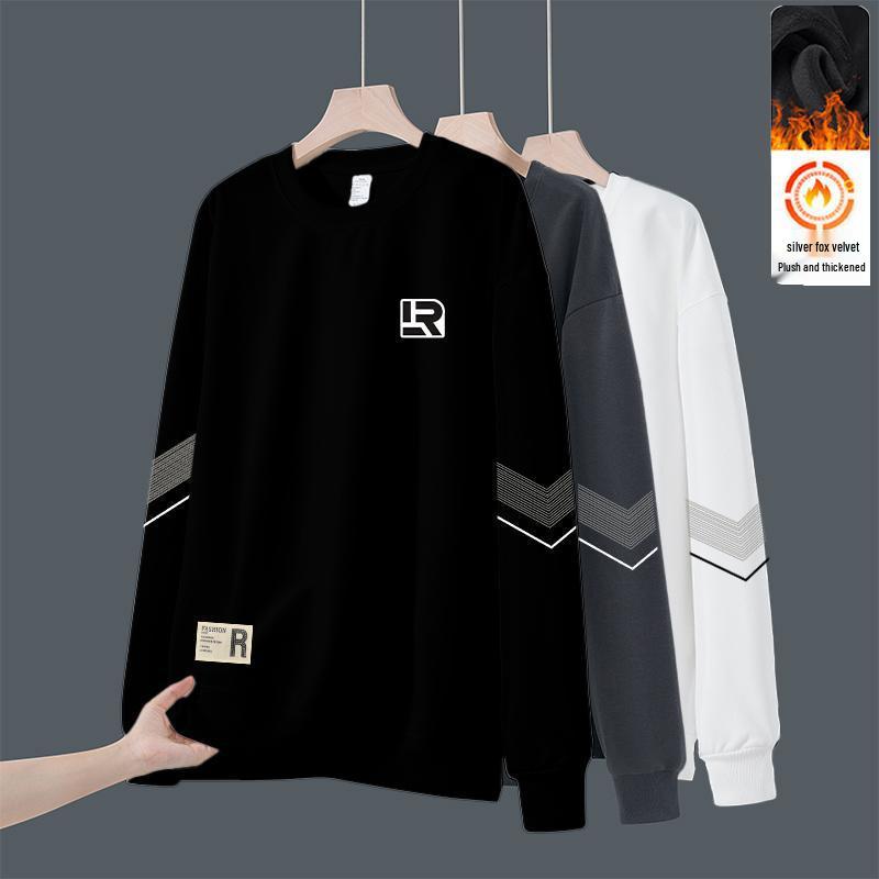 Men's Trendy Round Neck Hoodie: Autumn/Winter Loose Fit with Velvet, Long Sleeves, Versatile Casual Pullover