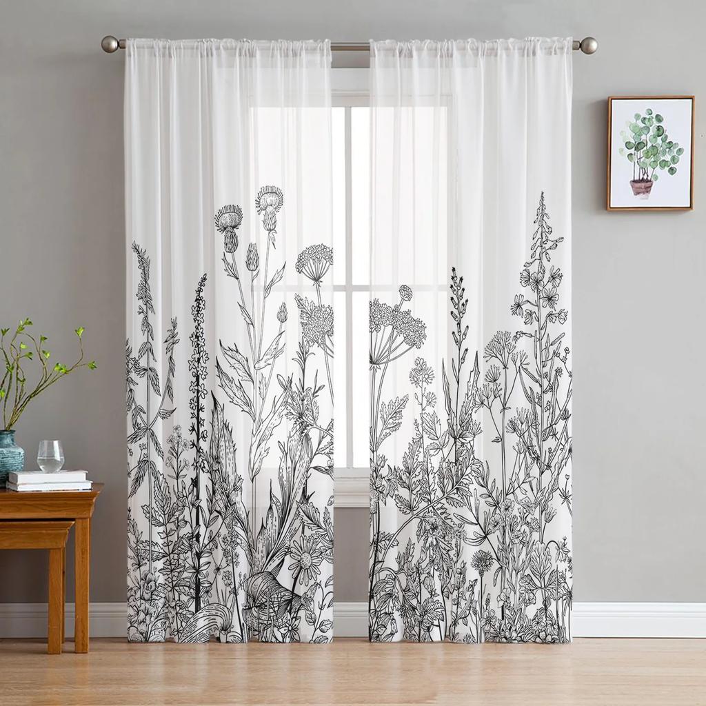Vintage Kruidenplant Bloem Doorzichtige Gordijnen voor Slaapkamer Woonkamer Decoratie Raambekleding Keukengordijn Panelen