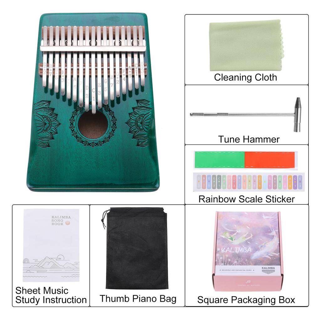 Uxcell 17-Key Thumb Piano, Blue Mini Portable Finger Piano with Solid Koa Wood Floral Handrail, Tuning Hammer, and Music Notebook, Gift for Adults