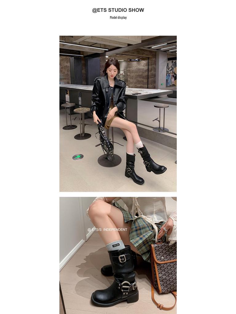 European & American Western Stacked Heel Mid-Calf Knight Boots for Women