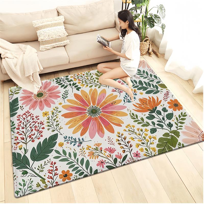 Kids Floral Cartoon Area Rug – Small Non-Slip Play Mat, Soft Floor Carpet for Bedroom Playroom Children's Room Decor
