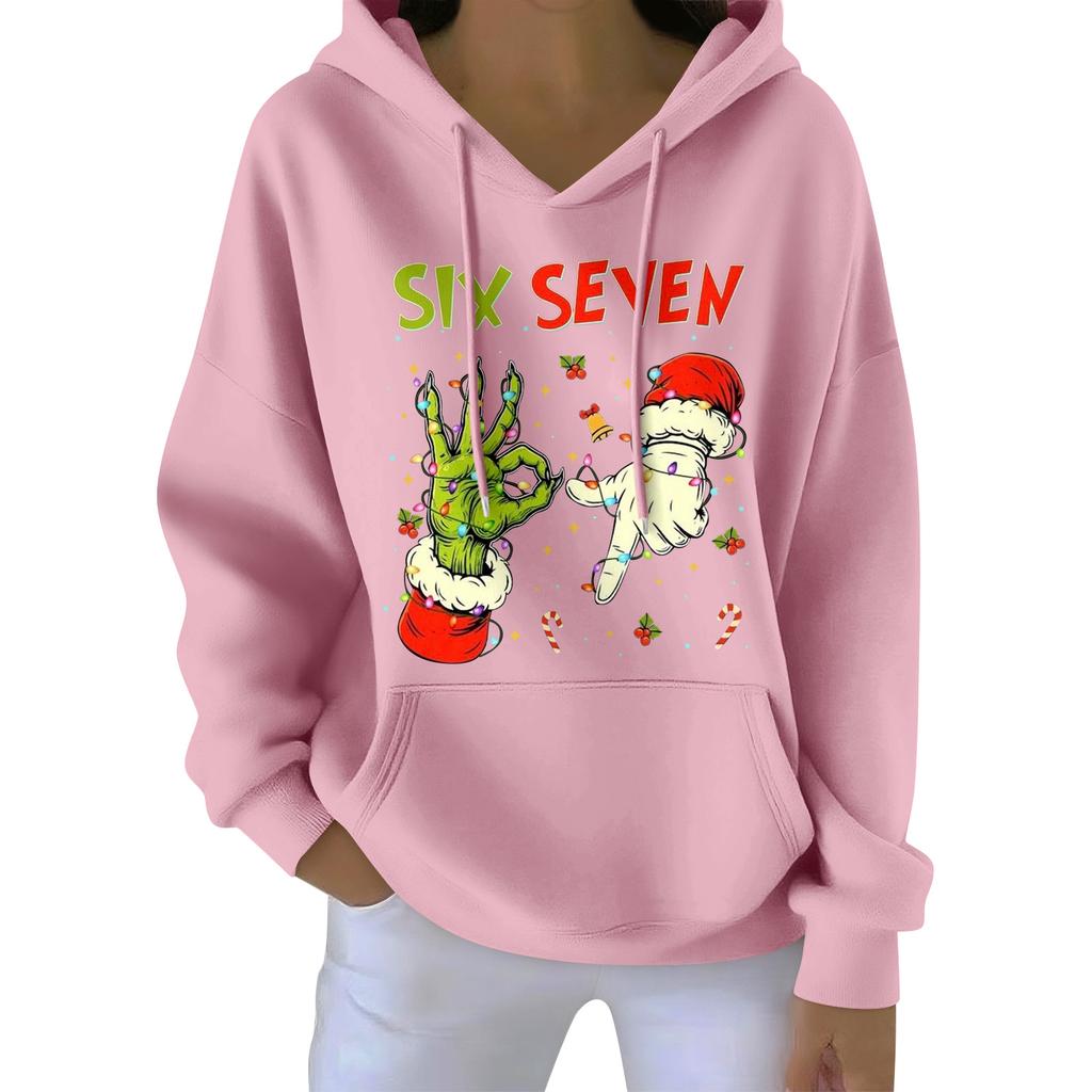 Damenmode Damen Leichter Langarmpullover mit Taschen Preppy Graphic Hoodie