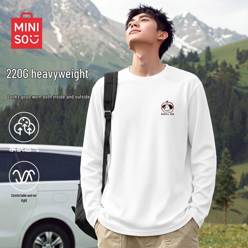 MINISO Men's Relaxed Fit Waffle Knit Long Sleeve T-Shirt