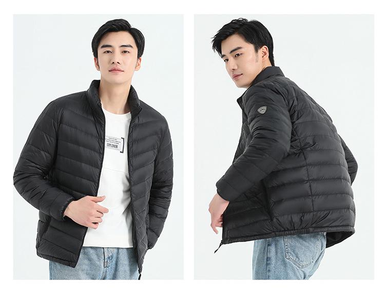 Men's Lightweight Stand Collar Down Jacket - Warm Short Ribbed Style for Autumn/Winter.