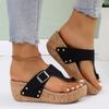 Fashion Summer Slippers for Women Thick Bottom Clip Toe Rhinestone Metal Button Female Flip Flops Roman Style Wedge Heel Slides Shoes