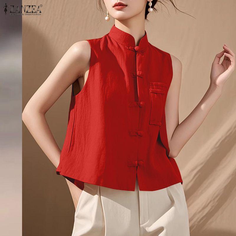ZANZEA Women Summer Sleeveless Ethnic Buttons Up Casual Tank Tops
