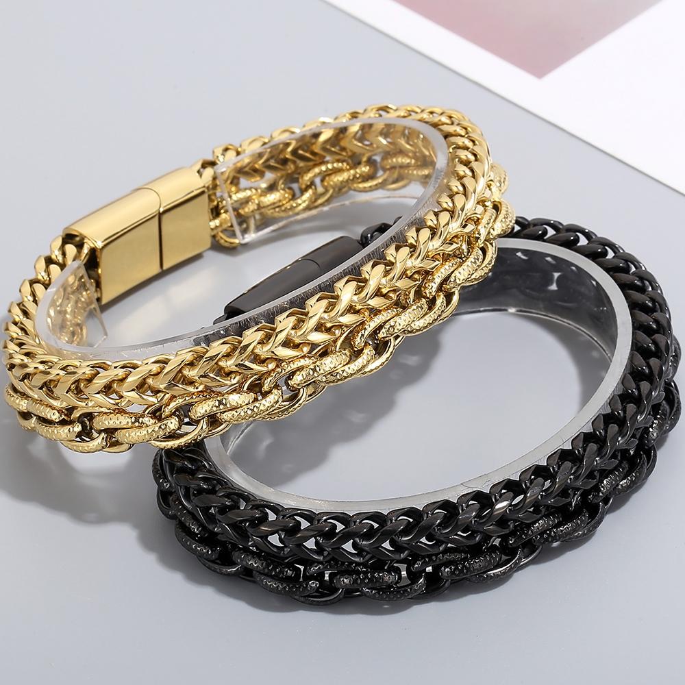 Men's Double Layer Chain Bracelet for Men Vacuum Plated Black Gold Color Stainless Steel Chain Custom Engraved Birthday Gifts