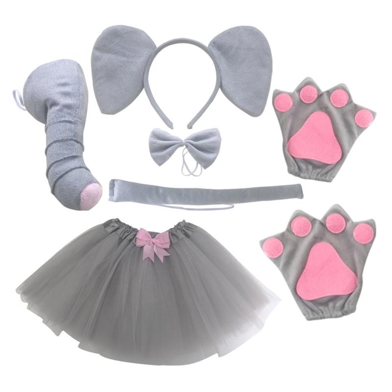 Olifant Kostuum Set Olifantenoren Neus Staart Strikje Tutu Dier Fancy Kostuum Kit Accessoires voor Halloween Cosplay M6CD One Size&Other