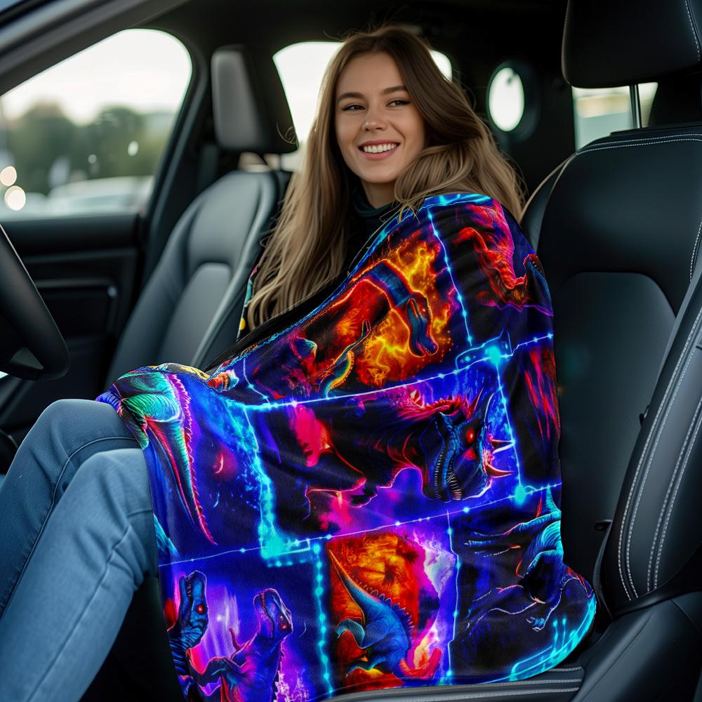 1pc Neon Dinosaur Galaxy Fleece Blanket Flannel Throw Vibrant Prehistoric Art Bed Cover Sci Fi Dino Lover Gift for Kids or Teens