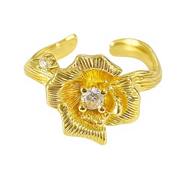 Medieval Vintage French Light Luxury Three-Dimensional Flower Opening Ring Retro Spiral Lotus High-End Ring