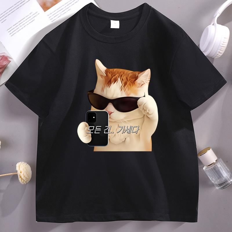 Funnny Cat Selfie T Shirt Korean Letter Print Short Sleeve O Neck Tshirt Casual Round Neck Cotton Tshirt Streetwear Unisex