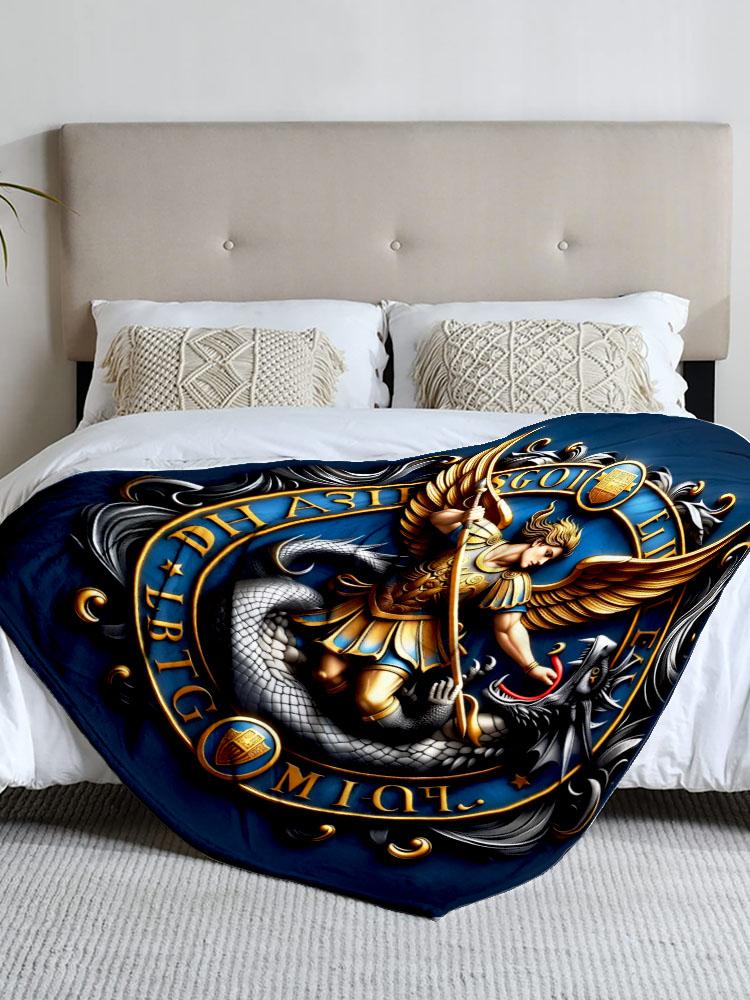 Mythological angel battling dragon fleece blanket, perfect for sofa, bed, office. Ideal gift for family, friends, holida