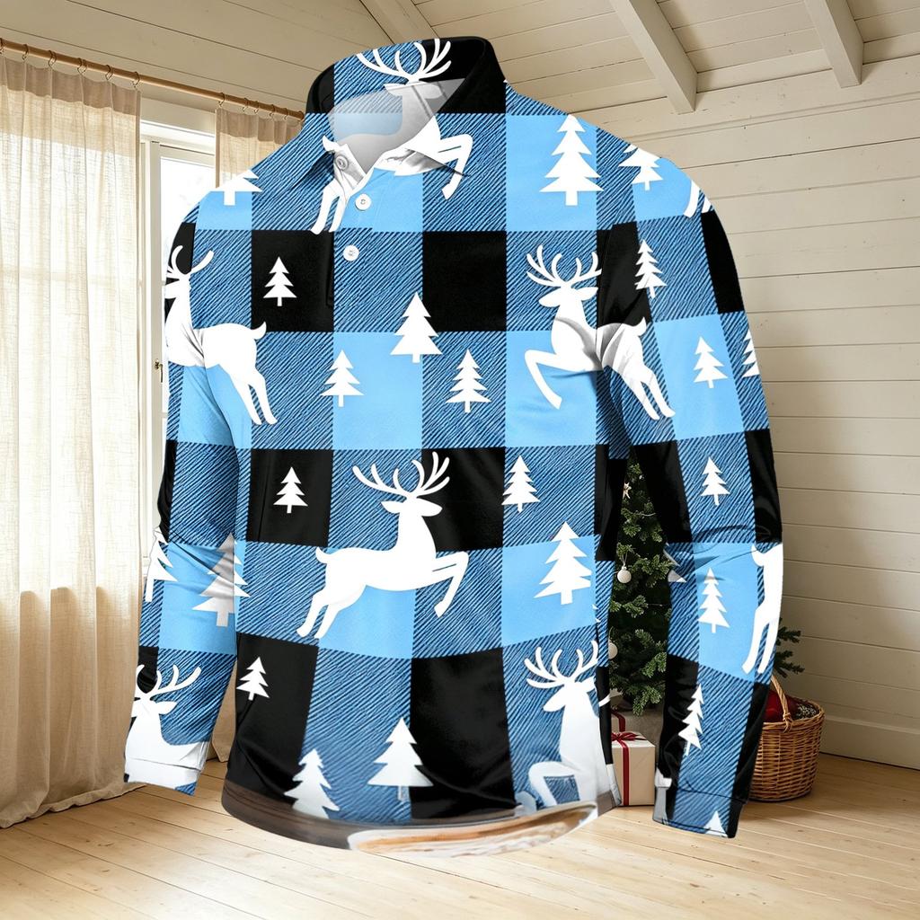 Men's Casual Long Sleeve Round Neck T-Shirt with Christmas Print for Holiday Party