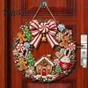 Seasonal Front Door Decor Gingerbread Man Wreath Wooden Sign for Door, Retro Christmas Hanging Plaque with Holiday Porch Decoration Candy Cane Bow And