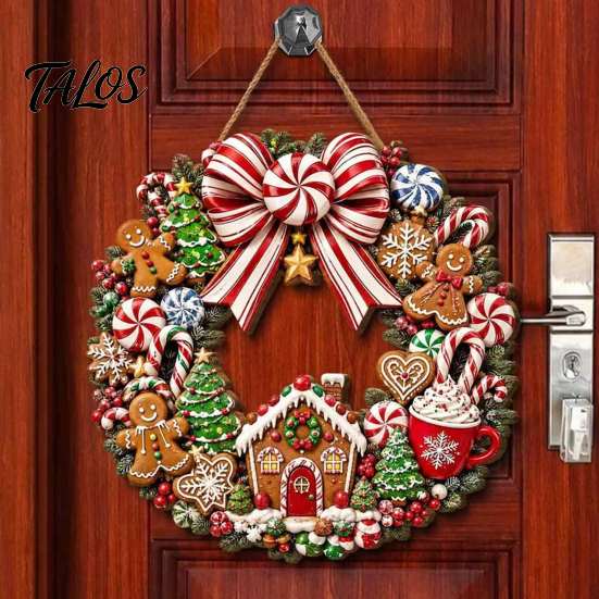 Seasonal Front Door Decor Gingerbread Man Wreath Wooden Sign for Door, Retro Christmas Hanging Plaque with Holiday Porch Decoration Candy Cane Bow And